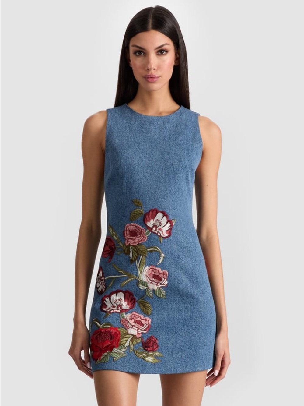 NWT Alice + Olivia Cade Floral Embroidered Sleeveless Denim Dress - Picture 1 of 12
